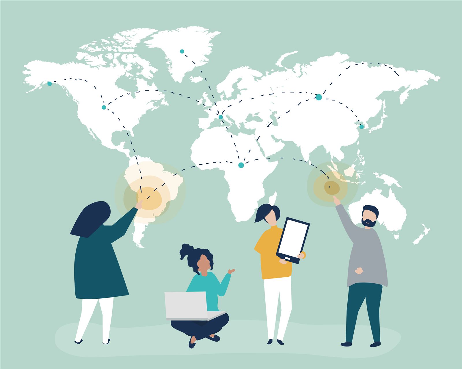 People connecting payments across a world map