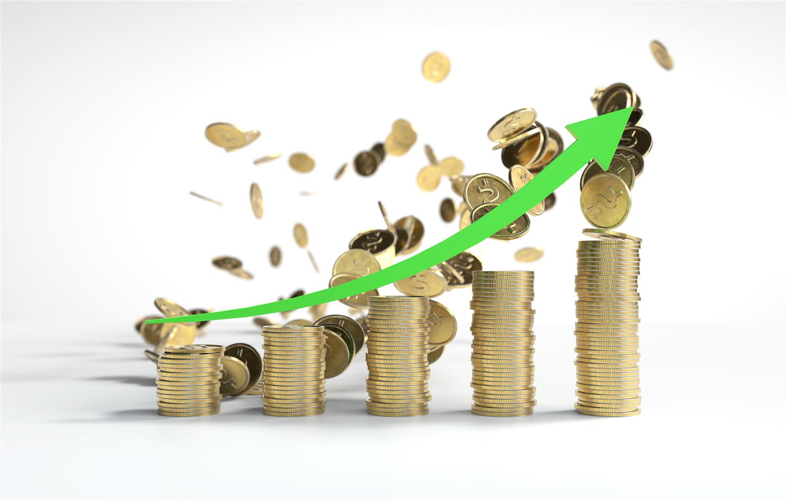 Growing stacks of coins with a rising green arrow